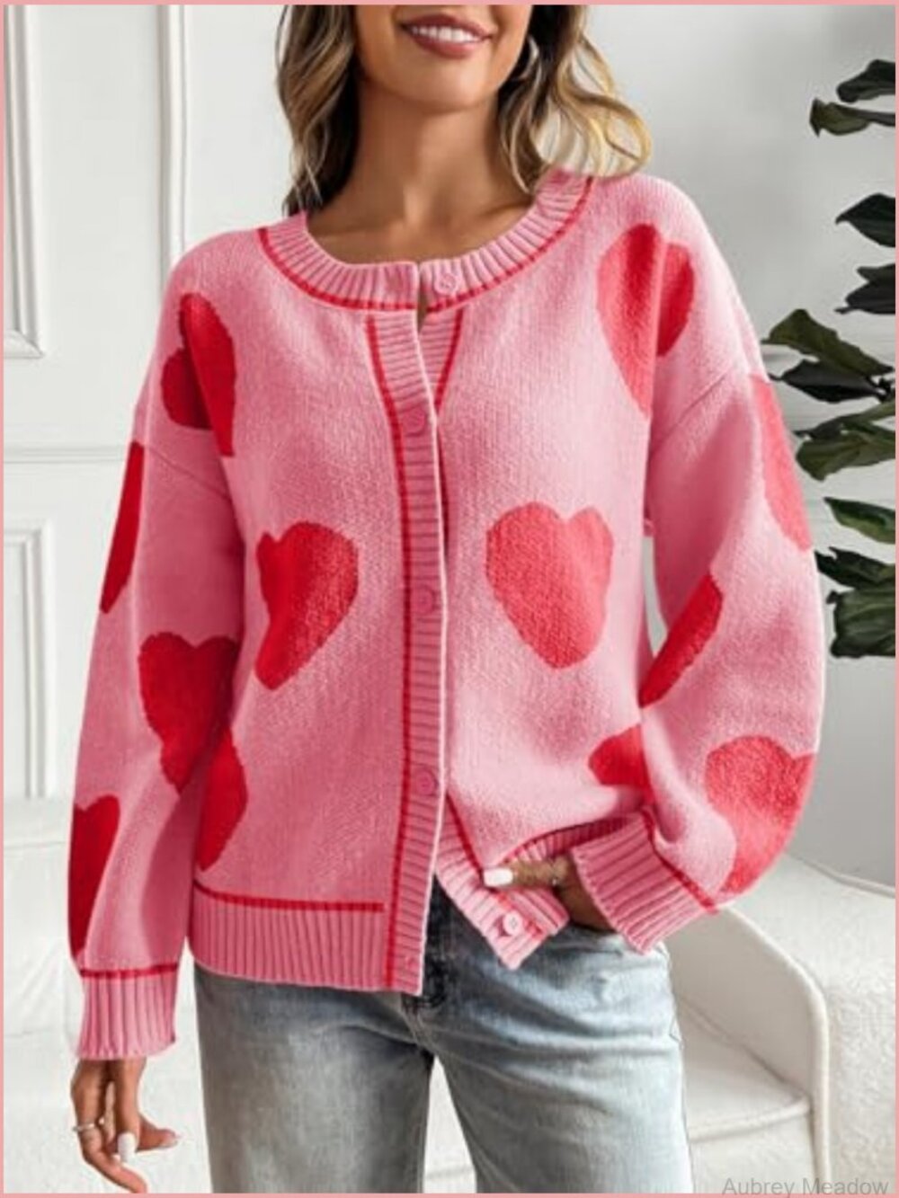 Women's Chunky Knit Heart Cardigan Sweater Crewneck Long Sleeve Button Down - Picture 3 of 6